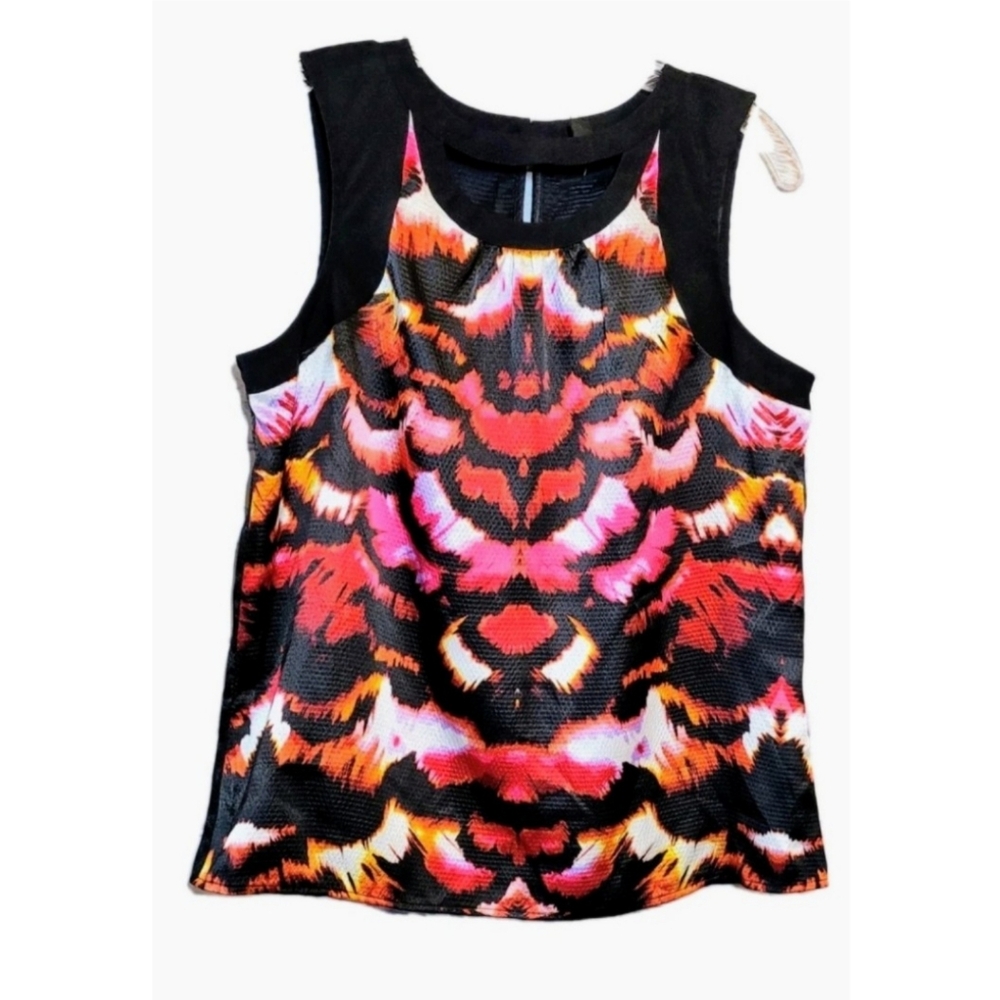 Nicole Miller Tank Top Blouse Red Black Multicolor Cutout Abstract Size M Career